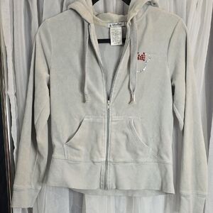 Disney Women's Light Gray Hoodie with Red and White Accents